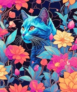 Blue Cat And Flowers Diamond Painting