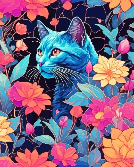 Blue Cat And Flowers Diamond With Numbers Blue Cat And Flowers Diamond Painting