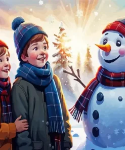 Brother And Sister With Snowman Diamond Painting