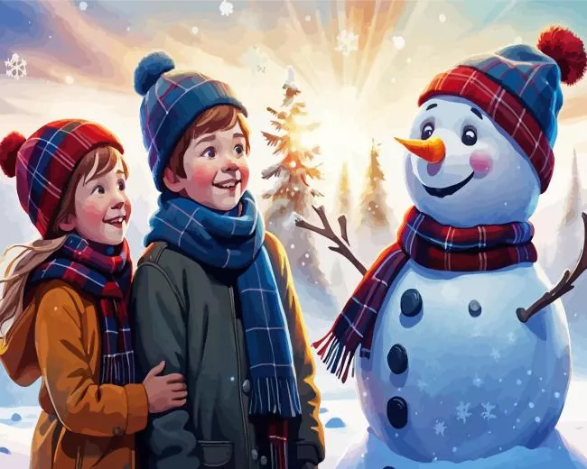 Brother and sister with snowman Diamond With Numbers Brother And Sister With Snowman Diamond Painting