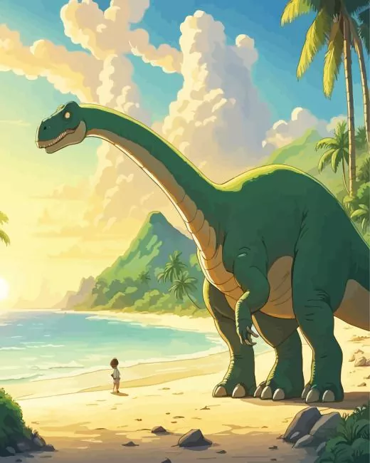 Green brontosaurus on the beach Diamond Painst Green Brontosaurus On The Beach Diamond Painting