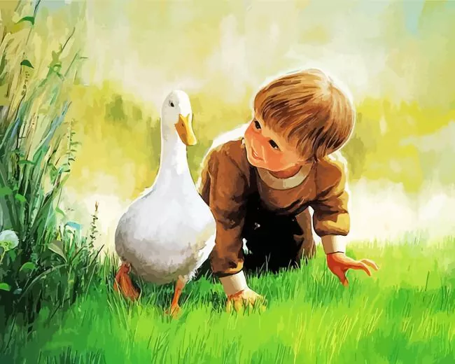 baby boy with goose art Diamond By Numbers Baby Boy With Goose Art Diamond Painting