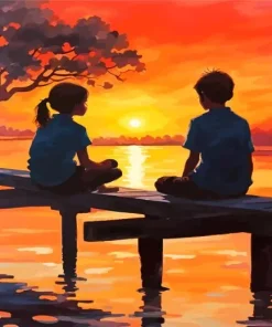 Boy And Girl Silhouette At Sunset Diamond Painting