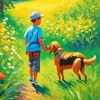 Boy And His Dog In Meadow Diamond Painting
