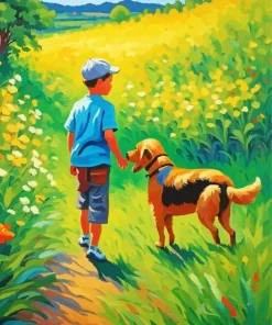 Boy And His Dog In Meadow Diamond Painting