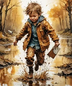 Boy Jumping In Puddle Diamond Painting
