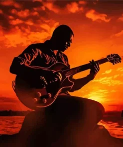 Boy With Guitar Silhouette At Sunset Diamond Painting