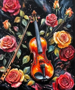 Brown Flowers Violin Diamond Painting