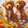 Brown Puppies And Flowers Diamond Painting