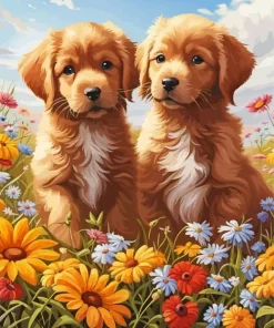 Brown Puppies And Flowers Diamond Painting