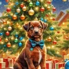 Brown Puppy And A Christmas Tree Diamond Painting
