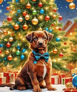 Brown Puppy And A Christmas Tree Diamond Painting