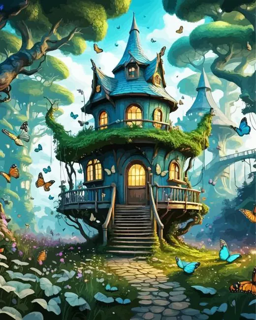 enchanted forest house art Diamond By Numbers Enchanted Forest House Art Diamond Painting