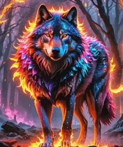 Fire Neon Wolf Art Diamond Painting