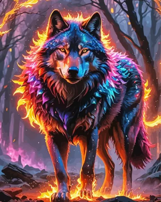 fire neon wolf art Diamond With Numbers Fire Neon Wolf Art Diamond Painting