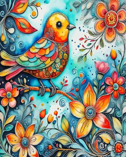 floral folk art bird Diamond By Numbers Floral Folk Art Bird Diamond Painting