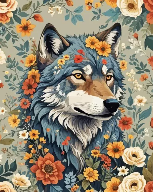 floral wolf art Diamond With Numbers Floral Wolf Art Diamond Painting