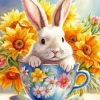 Flowers And White Rabbit In A Cup Diamond Painting
