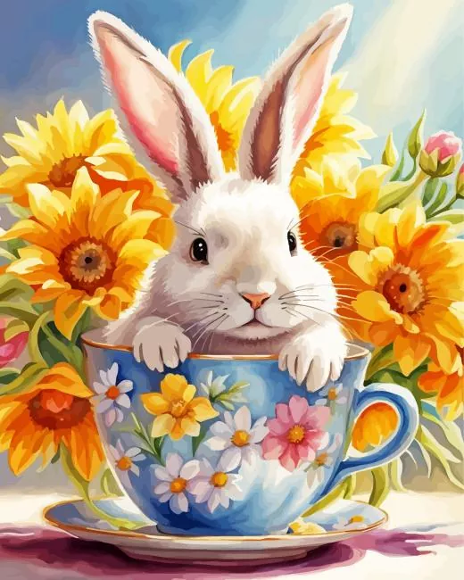 flowers and white rabbit in a cup Diamond Painst Flowers And White Rabbit In A Cup Diamond Painting