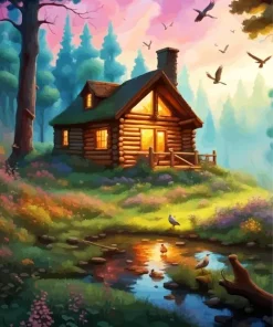 Forest Log Cabin Diamond Painting