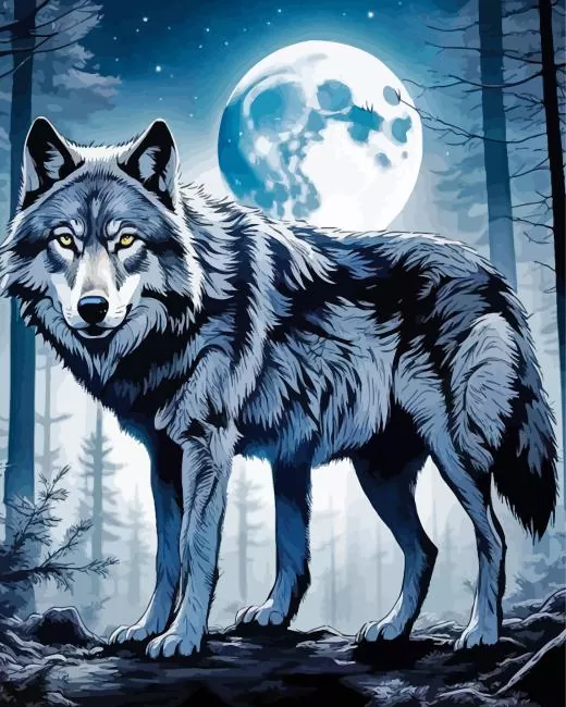 forest with wolf art Diamond With Numbers Forest With Wolf Art Diamond Painting