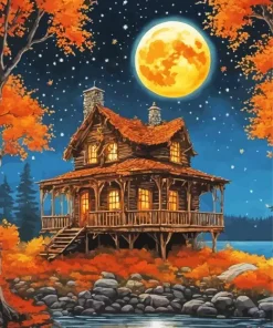 Full Moon Fall Cabin Diamond Painting