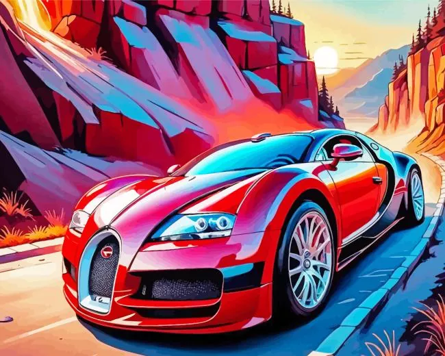 red bugatti car Diamond With Numbers Red Bugatti Car Diamond Painting