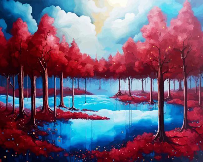 red forest art Diamond By Numbers Red Forest Art Diamond Painting