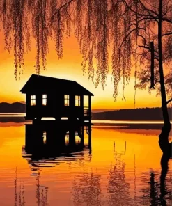 Sunrise Cabin Silhouette Diamond Painting