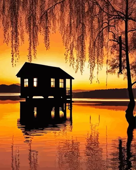 Sunrise cabin silhouette Diamond By Numbers Sunrise Cabin Silhouette Diamond Painting