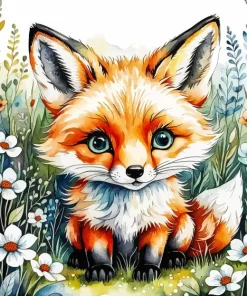 Fox Baby And Flowers Diamond Painting