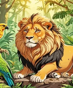 Lion And Parrots Diamond Painting